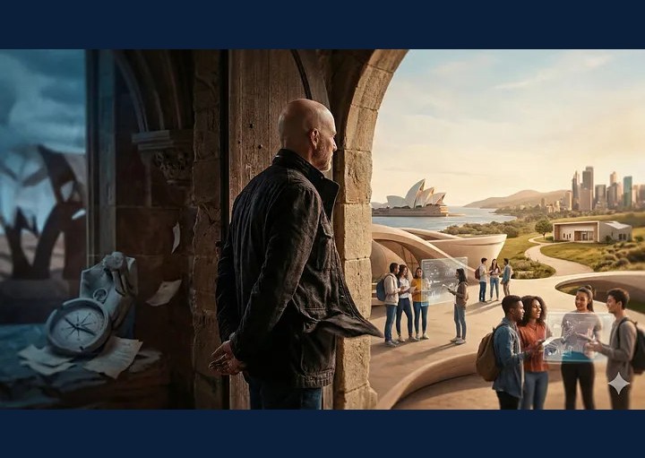 A man looks out from an old stone archway toward Sydney Harbour and a group of young people — The Word That Changed Everything, The Creatrepreneur Chronicles