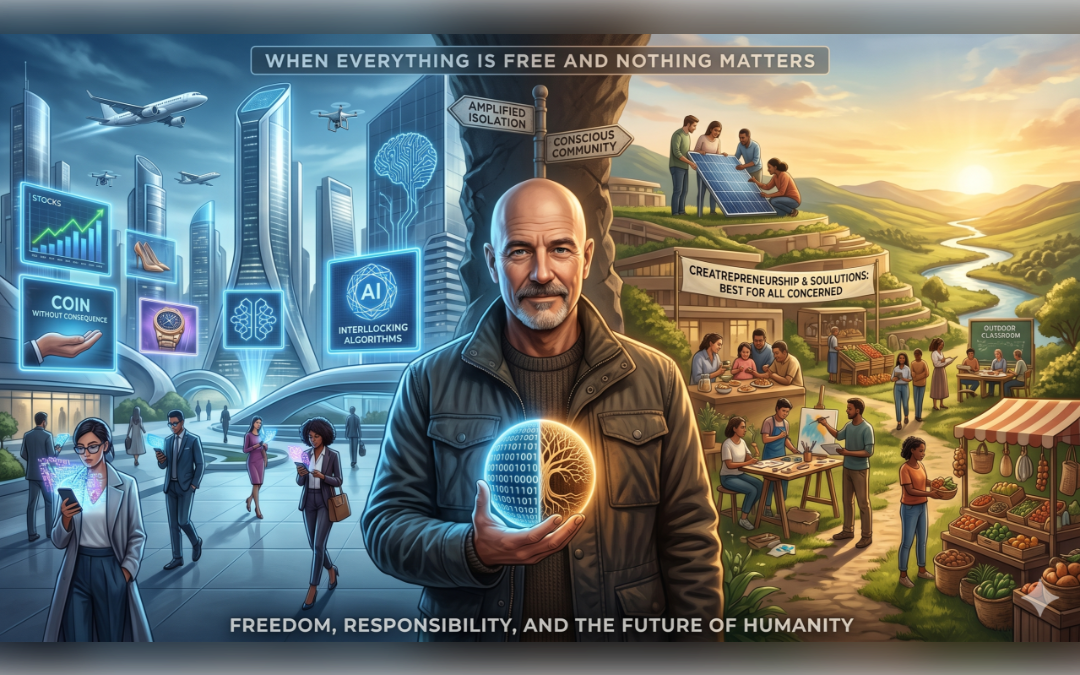 Illustration: a city of frictionless wealth and algorithms on one side, a community building together under the banner Creatrepreneurship & SOULutions: Best for All Concerned on the other, with Kevin J. Barrett at the centre