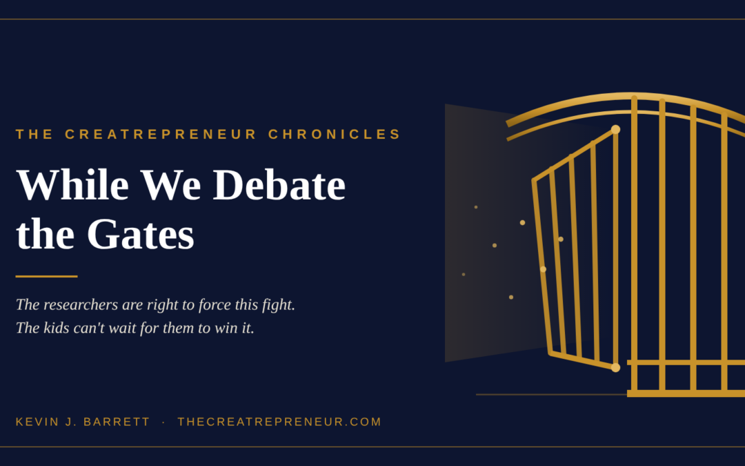 While We Debate the Gates — The researchers are right to force this fight. The kids can't wait for them to win it. A gold gate stands half-open on deep navy.